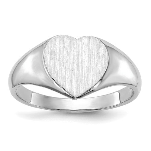 14k white gold heart signet ring with a closed back, 8.0x7.5mm size, crafted by Solomon Jewelers.