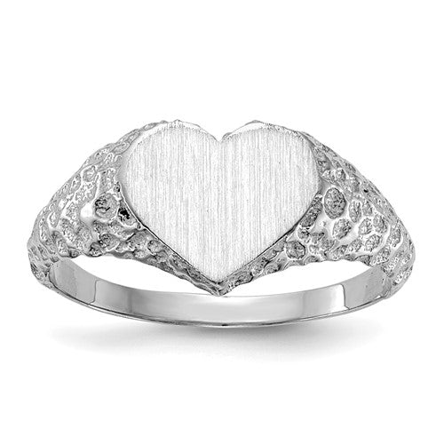 14k white gold open back heart signet ring with 8.0x9.0mm dimensions, crafted by Solomon Jewelers.