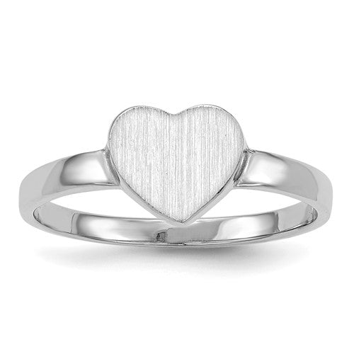 14k white gold open back heart signet ring with 7.0x7.5mm size, featuring a polished heart design.