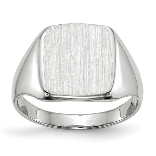 14k white gold signet ring with 10.5x11mm closed back design, crafted by Solomon Jewelers.