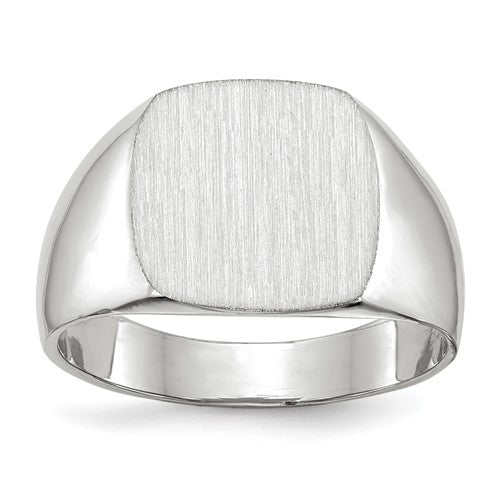 14k white gold signet ring with a 12.5x12.5mm closed back design, crafted by Solomon Jewelers.