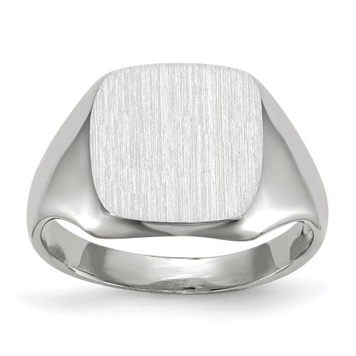 14k white gold open back signet ring with 10.5x11.0mm face, jewelry ring by Solomon Jewelers.