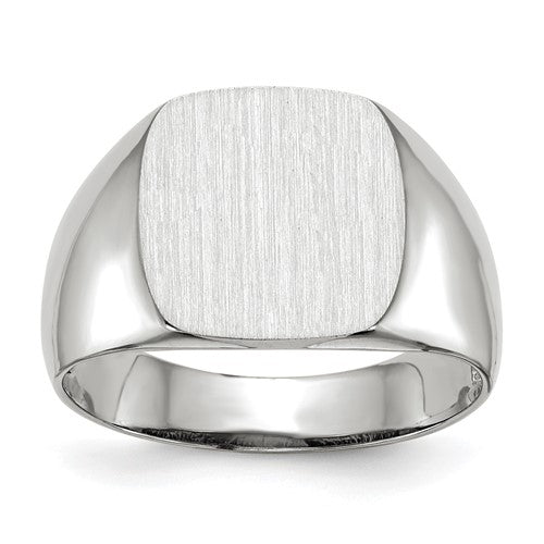 14k white gold open back signet ring with 12.5x12.5mm face, showcasing detailed craftsmanship and polished finish.