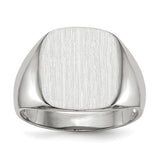 14k white gold men's signet ring with open back, measuring 13.5mm by 14.5mm, featuring a polished finish.