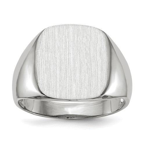 14k white gold men's signet ring with open back, measuring 13.5mm by 14.5mm, featuring a polished finish.