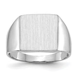 14k white gold men's signet ring with open back and satin finish, measuring 13.0x13.5mm, from Solomon Jewelers.