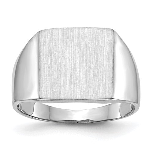 14k white gold men's signet ring with open back and satin finish, measuring 13.0x13.5mm, from Solomon Jewelers.