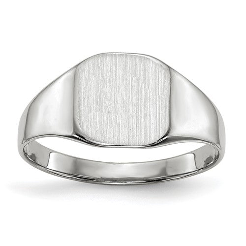 14k white gold signet ring with 8.5x8.5mm closed back design, showcasing a polished, classic jewelry style.