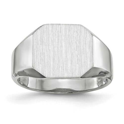 14k white gold men's signet ring with 11.0x10.5mm closed back, jewelry ring featuring a polished finish and classic design
