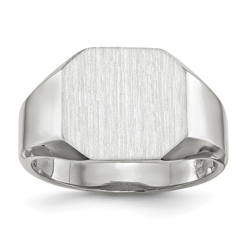 14k white gold men's signet ring with an 11x11mm open back design, crafted by Solomon Jewelers.