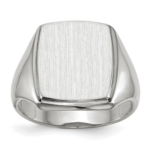 14k white gold men's signet ring with an open back and 13x15mm face, featuring a polished design from Solomon Jewelers.