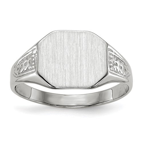 14k white gold signet ring with 10.5x9.0mm closed back design, featuring a polished, classic jewelry ring style.