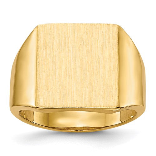 14k gold open back men's signet ring with 13.5x15.0mm face, featuring a polished, classic design from Solomon Jewelers.