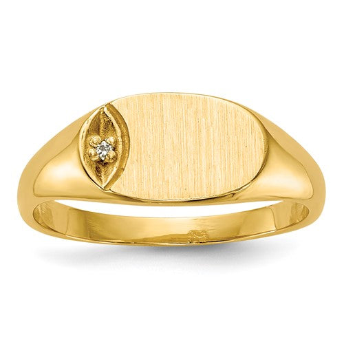 14k child's AA diamond signet ring with closed back, featuring a polished gold band and a diamond accent, crafted by Solomon Jewelers.