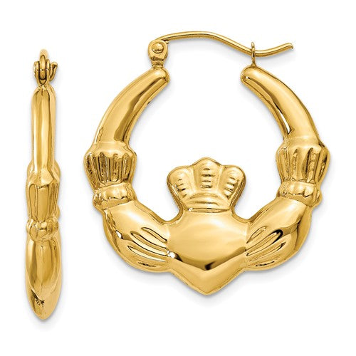 14k-polished-claddagh-hoop-earrings-SolomonJeweler-Wichita-KS-CustomJewelry