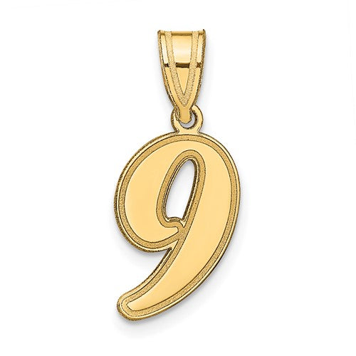 14k-brushed-border-script-number-9-pendant-SolomonJeweler-Wichita-KS-CustomJewelry
