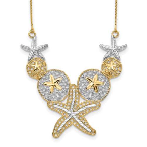 14k-rhodium-diamond-cut-starfish-and-sand-dollar-necklace-SolomonJeweler-Wichita-KS-CustomJewelry