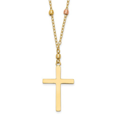 14k-tri-colored-gold-diamond-cut-beaded-cross-necklace-SolomonJeweler-Wichita-KS-CustomJewelry