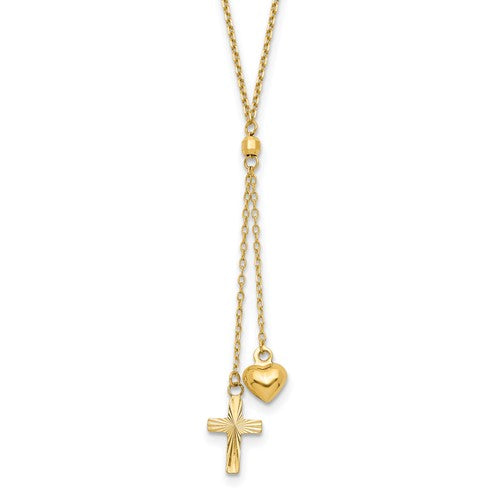 14k-puffed-heart-d-c-cross-w-2-in-ext-necklace-SolomonJeweler-Wichita-KS-CustomJewelry
