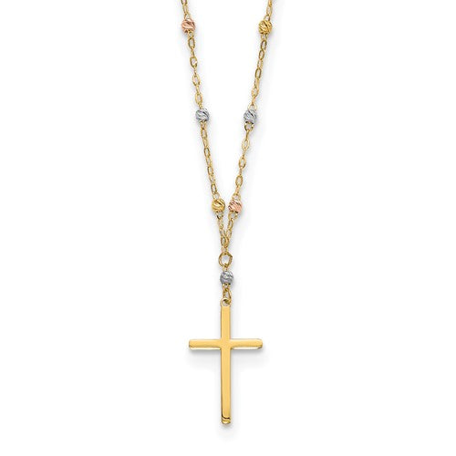 14k-tri-color-diamond-cut-beaded-polished-cross-necklace-SolomonJeweler-Wichita-KS-CustomJewelry