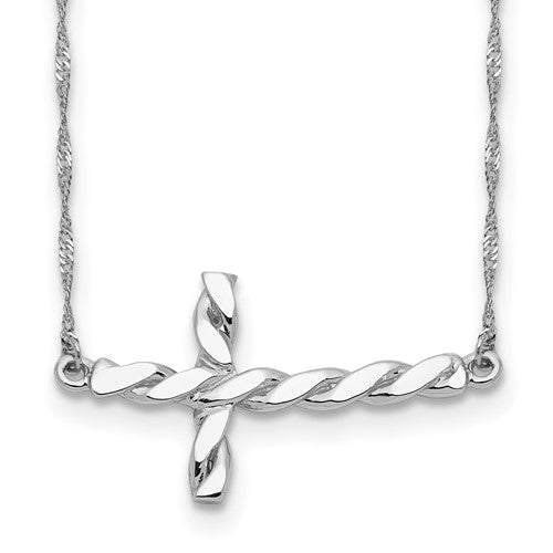 14k-white-gold-polished-twisted-sideways-cross-17-inch-necklace-SolomonJeweler-Wichita-KS-CustomJewelry
