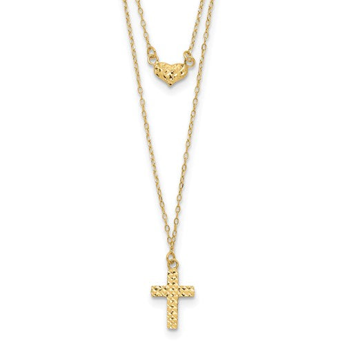 14k-polished-2-strand-d-c-cross-heart-w-2in-ext-necklace-SolomonJeweler-Wichita-KS-CustomJewelry