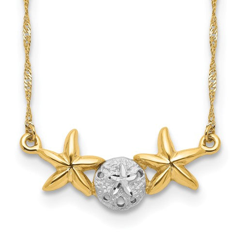 14k-white-rhodium-17-brushed-polished-sand-dollar-starfish-necklace-SolomonJeweler-Wichita-KS-CustomJewelry
