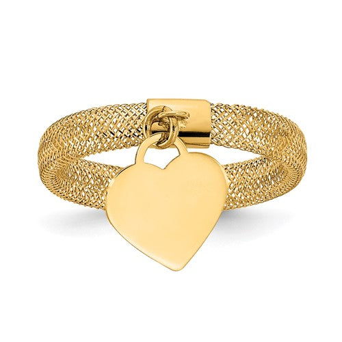 14K gold woven mesh stretch heart charm ring featuring polished heart detail, ideal for elegant jewelry collection.