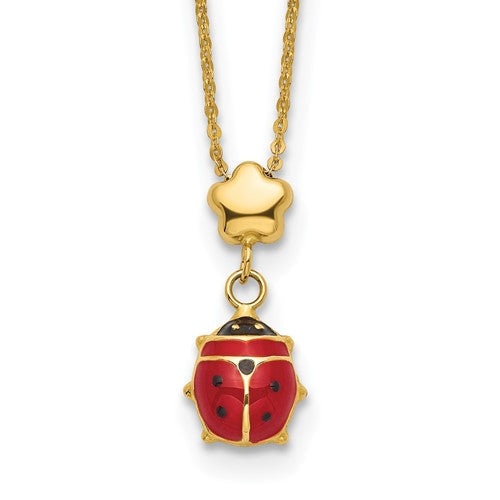 14k-polished-enameled-flower-with-ladybug-16-5in-necklace-SolomonJeweler-Wichita-KS-CustomJewelry