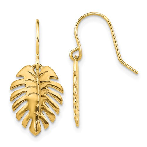 14k-polished-palm-leaf-dangle-earrings-SolomonJeweler-Wichita-KS-CustomJewelry
