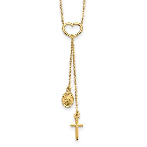 14k-polished-heart-with-dangle-cross-and-religious-medal-necklace-SolomonJeweler-Wichita-KS-CustomJewelry