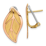 14k-two-tone-rose-and-yellow-polished-brushed-leaf-omega-back-earrings-SolomonJeweler-Wichita-KS-CustomJewelry