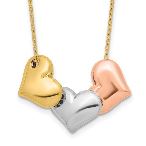 14k-tri-color-polished-hearts-17-in-w-1in-ext-necklace-SolomonJeweler-Wichita-KS-CustomJewelry
