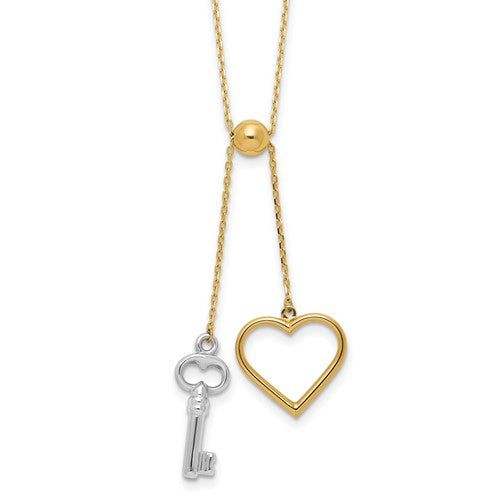 14k-two-tone-polished-adjustable-dangle-heart-and-key-necklace-SolomonJeweler-Wichita-KS-CustomJewelry