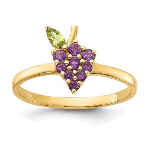 14K gold grape ring with amethyst and peridot gemstones, featuring intricate jewelry design from Solomon Jewelers.