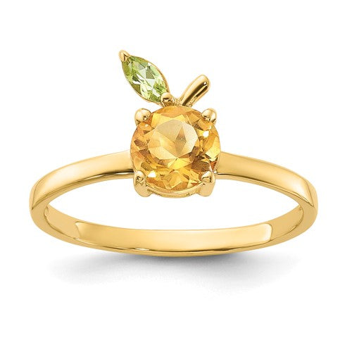14K gold ring featuring vibrant citrine and peridot gemstones, crafted by Solomon Jewelers.