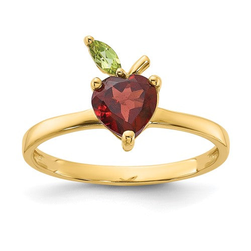 14K gold garnet and peridot apple-shaped ring from Solomon Jewelers, featuring colorful gemstone accents and intricate design.
