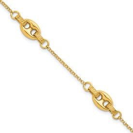 14K gold Greek key bracelet with polished and textured finish, 7.25-inch length with 1-inch extension link from Solomon Jewelers.
