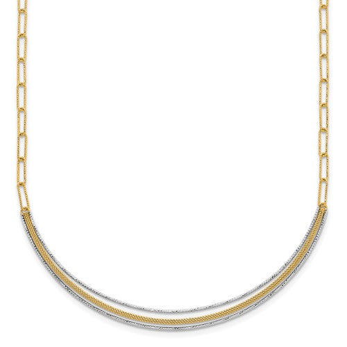 14k two-tone textured long link gold necklace with 2-inch extension and woven smile bar from Solomon Jewelers.