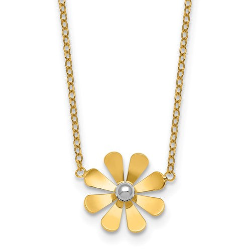 14k-w-white-rhodium-polished-daisy-16in-with-2in-ext-necklace-SolomonJeweler-Wichita-KS-CustomJewelry