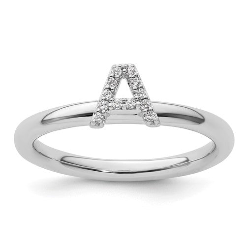 14K white gold stackable diamond initial A ring, elegant jewelry with sparkling diamonds, perfect for everyday wear.