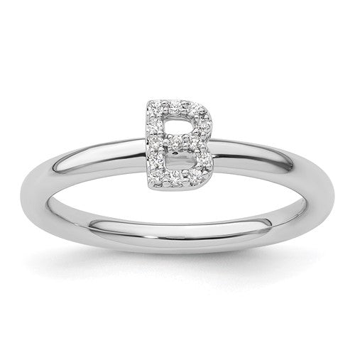 14K white gold stackable diamond initial B ring with sparkling diamonds, designed for elegant jewelry collection.