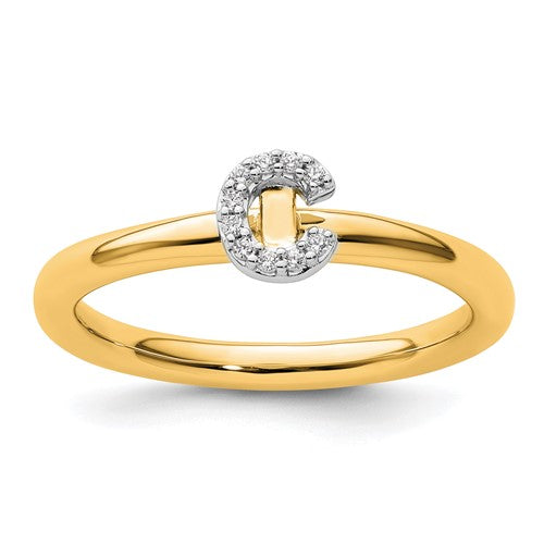 14K gold stackable diamond initial C ring from Solomon Jewelers showing a close-up of the ring with diamond accents.