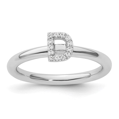 14K white gold stackable diamond initial D ring, featuring sparkling diamonds and a sleek design, perfect for elegant jewelry collection.