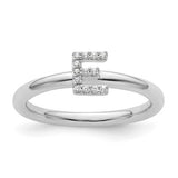 14K white gold stackable diamond initial E ring featuring small sparkling diamonds, crafted by Solomon Jewelers.