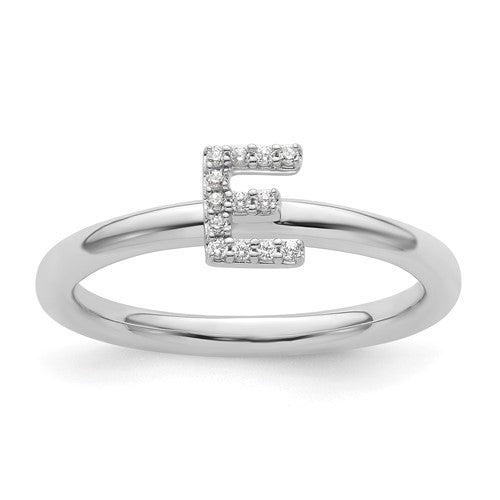 14K white gold stackable diamond initial E ring featuring small sparkling diamonds, crafted by Solomon Jewelers.