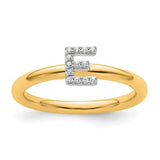 14K gold stackable diamond initial E ring from Solomon Jewelers, featuring sparkling diamonds and a sleek, elegant design.