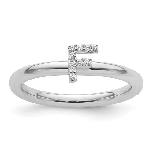 14K white gold stackable diamond initial F ring with sparkling diamonds, designed by Solomon Jewelers.