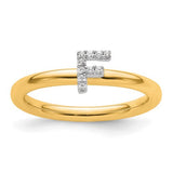 14K gold stackable diamond initial F ring, elegant jewelry ring with small diamonds, designed by Solomon Jewelers.