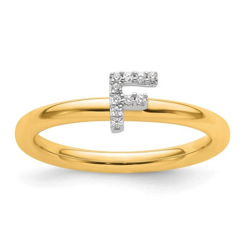 14K gold stackable diamond initial F ring, elegant jewelry ring with small diamonds, designed by Solomon Jewelers.